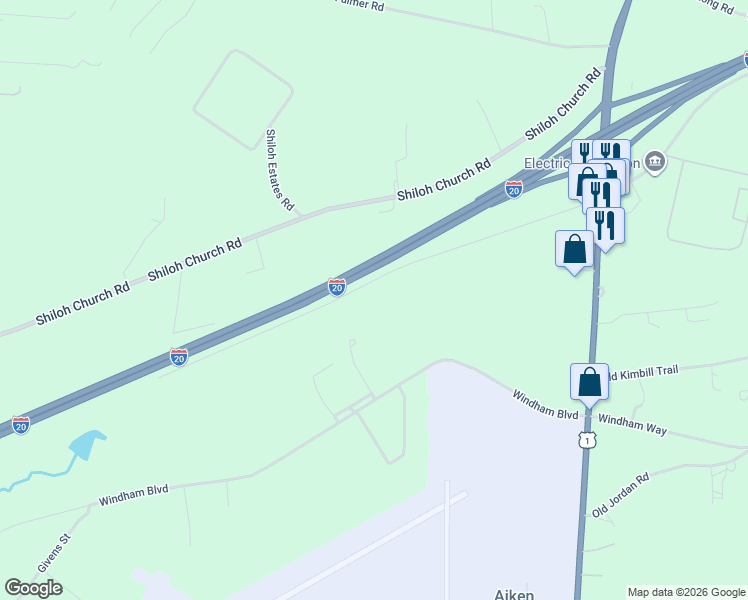 map of restaurants, bars, coffee shops, grocery stores, and more near 205 West Frontage Road in Aiken