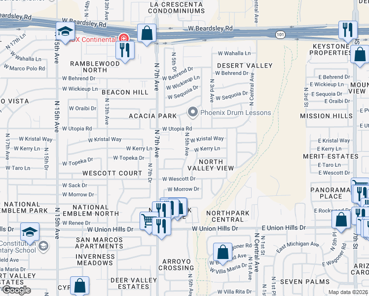 map of restaurants, bars, coffee shops, grocery stores, and more near 19202 North 5th Avenue in Phoenix