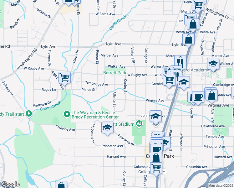 map of restaurants, bars, coffee shops, grocery stores, and more near 3482 Atlanta Street in College Park