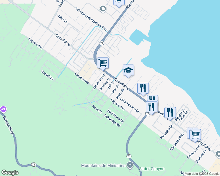 map of restaurants, bars, coffee shops, grocery stores, and more near 33102 Hill Street in Lake Elsinore