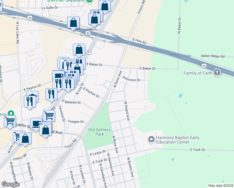 map of restaurants, bars, coffee shops, grocery stores, and more near 1823 East May Street in Sherman