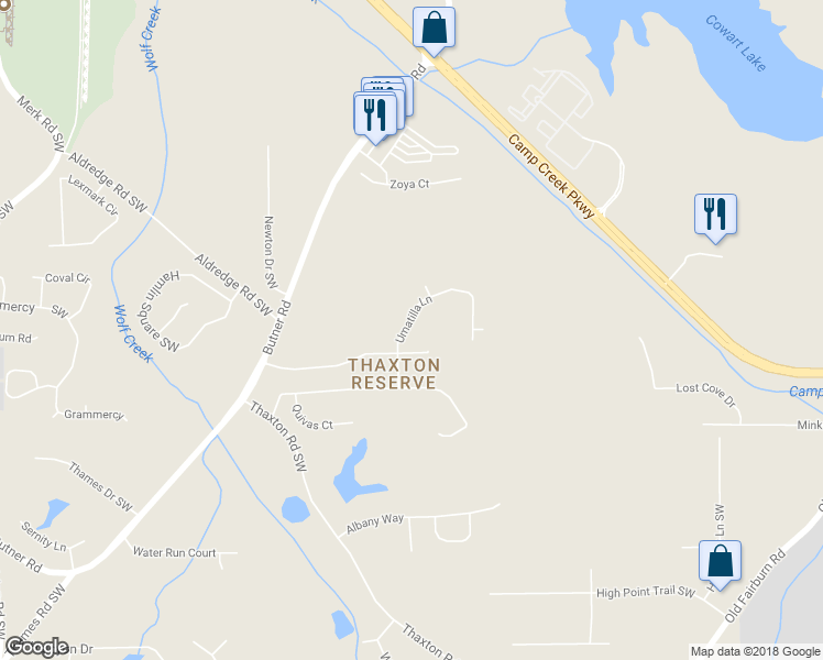map of restaurants, bars, coffee shops, grocery stores, and more near 3554 Umatilla Lane in Atlanta