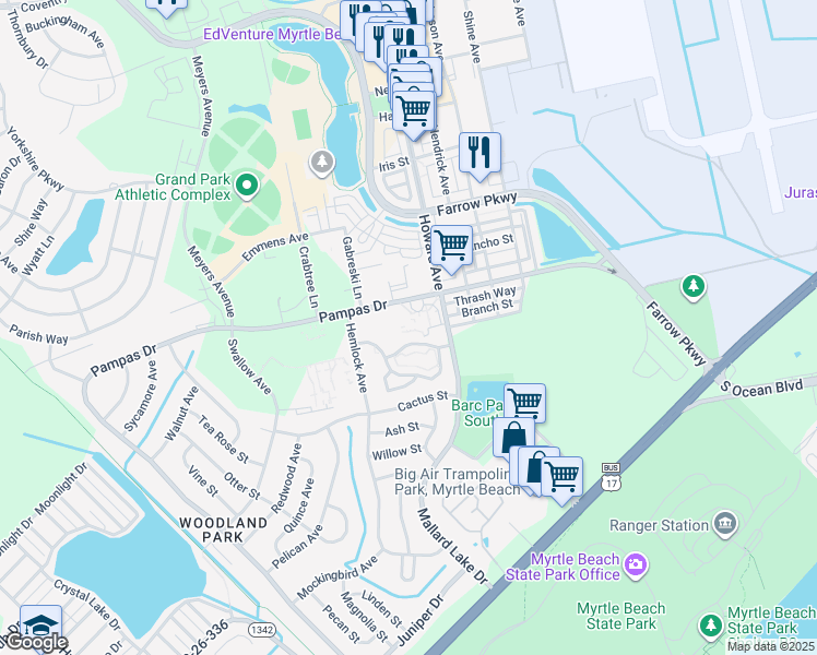 map of restaurants, bars, coffee shops, grocery stores, and more near 3531 Pampas Drive in Myrtle Beach