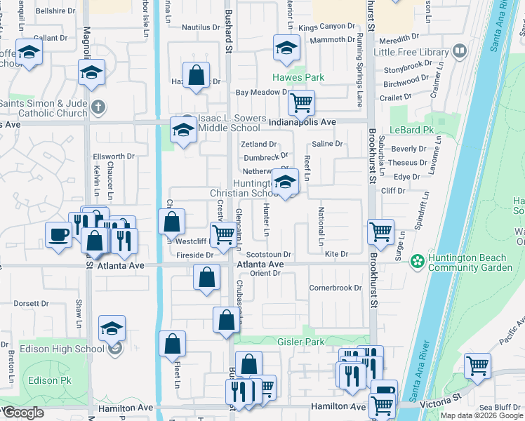 map of restaurants, bars, coffee shops, grocery stores, and more near 20791 Hunter Lane in Huntington Beach