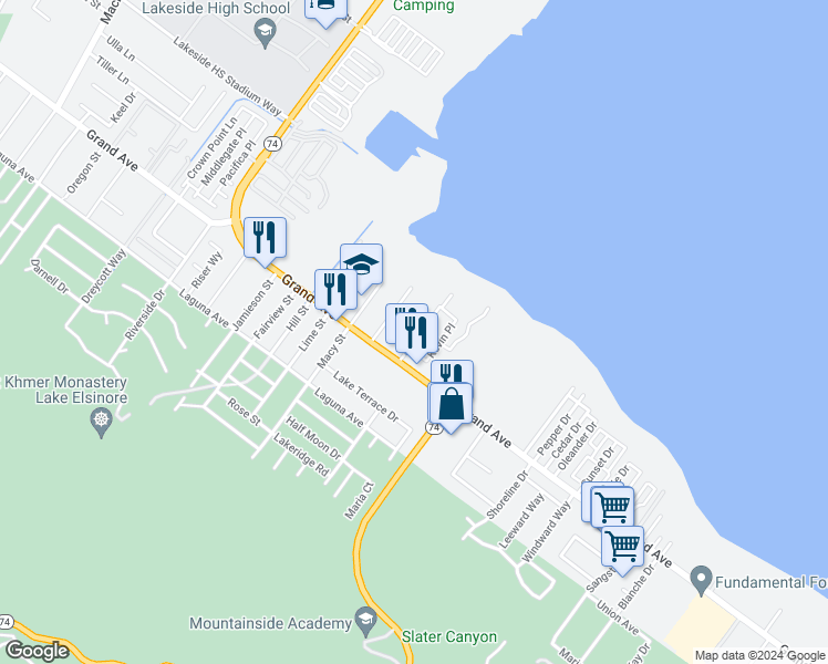 map of restaurants, bars, coffee shops, grocery stores, and more near 32945 Serena Way in Lake Elsinore