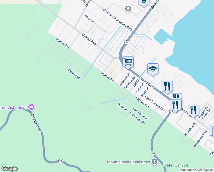 map of restaurants, bars, coffee shops, grocery stores, and more near 15346 Dawning Court in Lake Elsinore