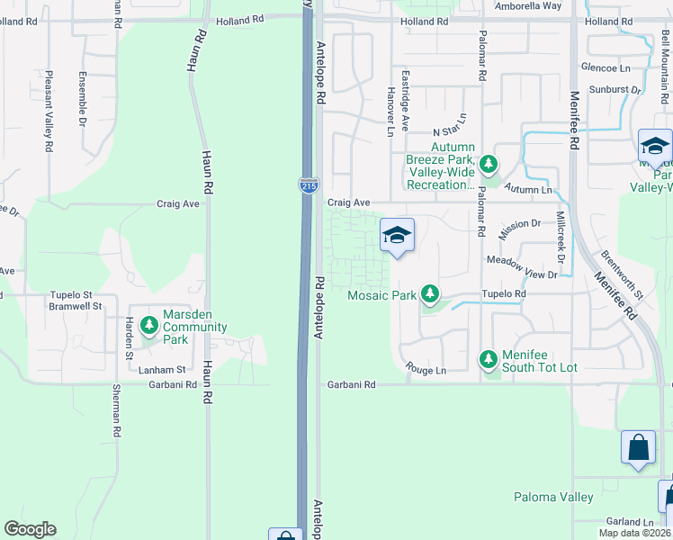 map of restaurants, bars, coffee shops, grocery stores, and more near 31740 Antelope Road in Menifee