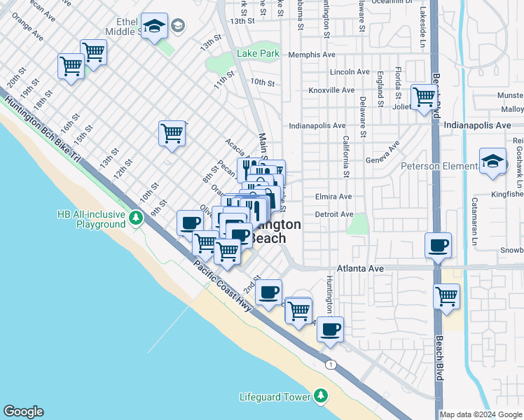 map of restaurants, bars, coffee shops, grocery stores, and more near 417 Main Street in Huntington Beach