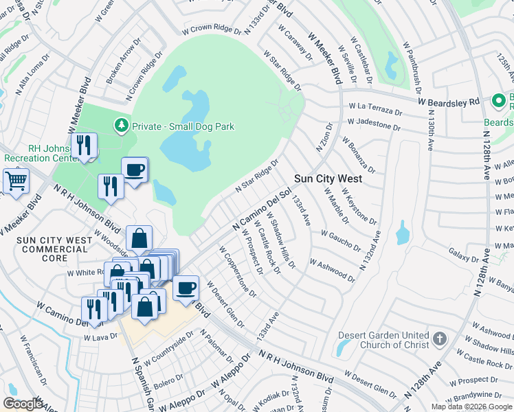 map of restaurants, bars, coffee shops, grocery stores, and more near 13450 West Castle Rock Drive in Sun City West