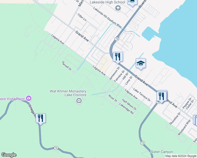 map of restaurants, bars, coffee shops, grocery stores, and more near 15346 Dawning Court in Lake Elsinore
