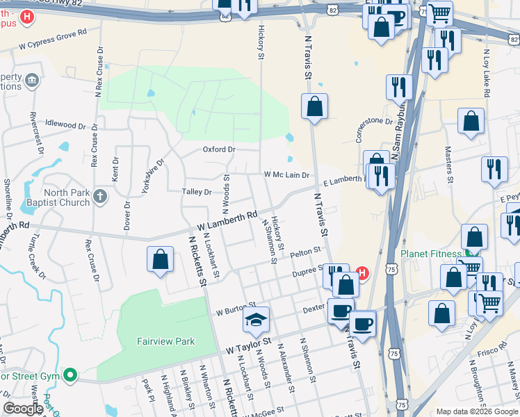 map of restaurants, bars, coffee shops, grocery stores, and more near 2504 North Hickory Street in Sherman
