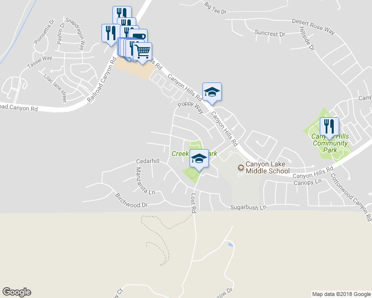 map of restaurants, bars, coffee shops, grocery stores, and more near 31954 Daisy Field Court in Lake Elsinore