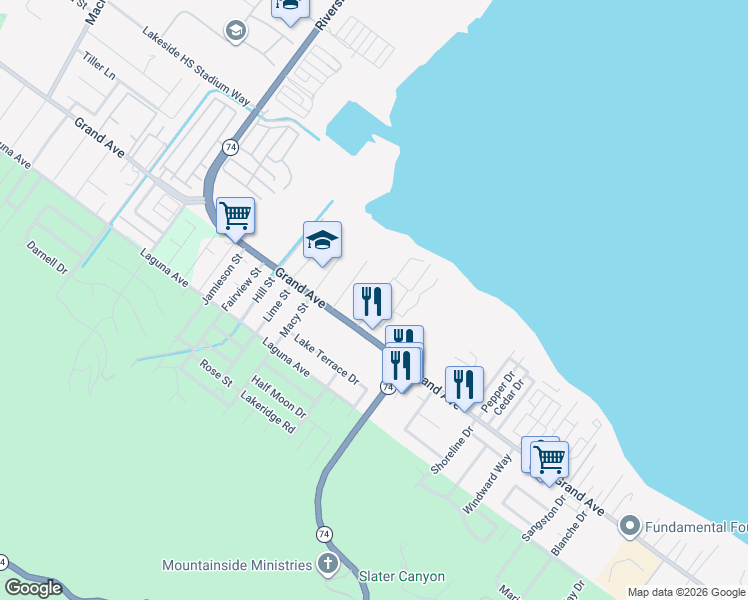 map of restaurants, bars, coffee shops, grocery stores, and more near 32965 Kevin Place in Lake Elsinore