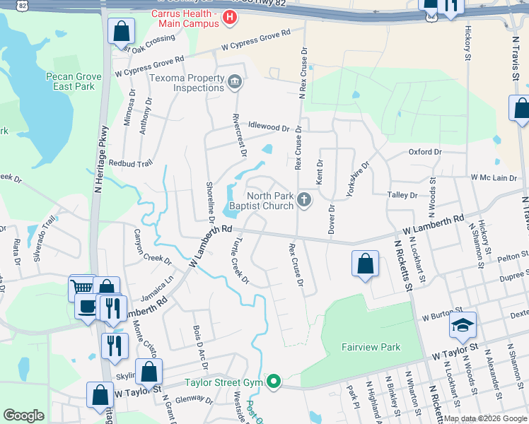 map of restaurants, bars, coffee shops, grocery stores, and more near 2506 Meadows Lane in Sherman