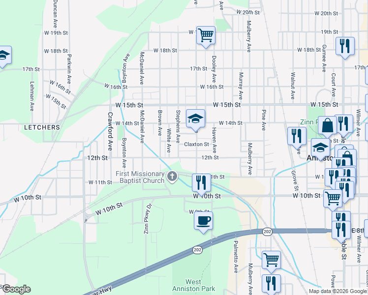 map of restaurants, bars, coffee shops, grocery stores, and more near 1009 12th Street in Anniston
