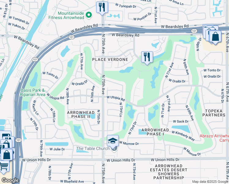 map of restaurants, bars, coffee shops, grocery stores, and more near 19321 North 74th Drive in Glendale