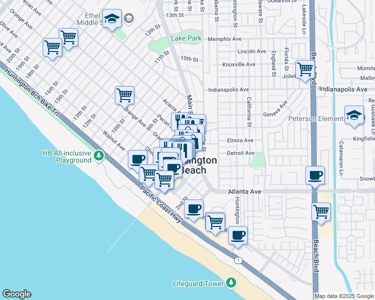 map of restaurants, bars, coffee shops, grocery stores, and more near 417 Main Street in Huntington Beach