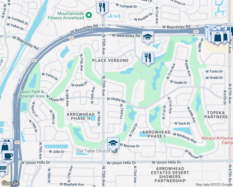 map of restaurants, bars, coffee shops, grocery stores, and more near 19402 North 73rd Lane in Glendale