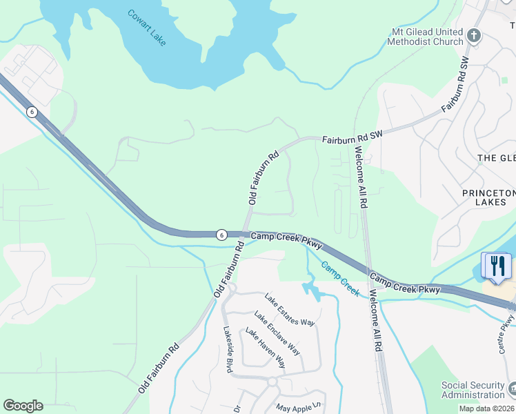 map of restaurants, bars, coffee shops, grocery stores, and more near 3470 Old Fairburn Road in Atlanta