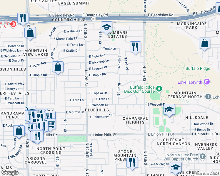 map of restaurants, bars, coffee shops, grocery stores, and more near 19043 North 13th Place in Phoenix