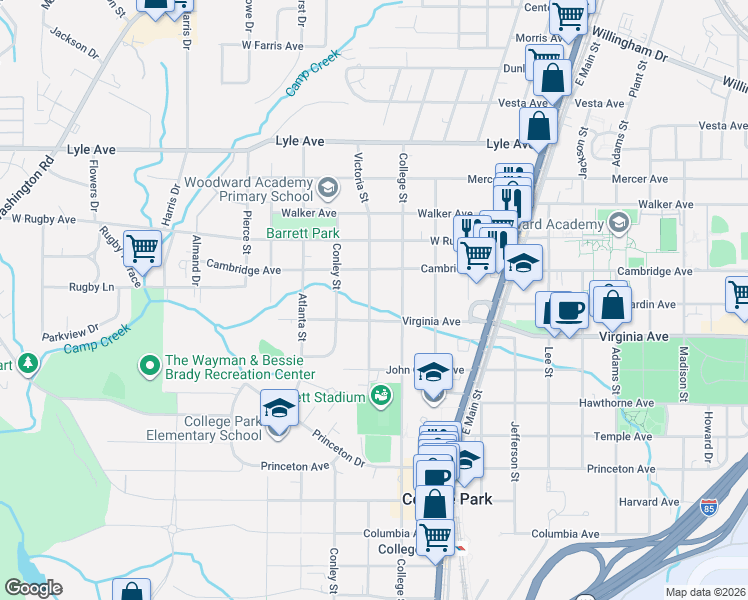 map of restaurants, bars, coffee shops, grocery stores, and more near 1955 Virginia Avenue in College Park