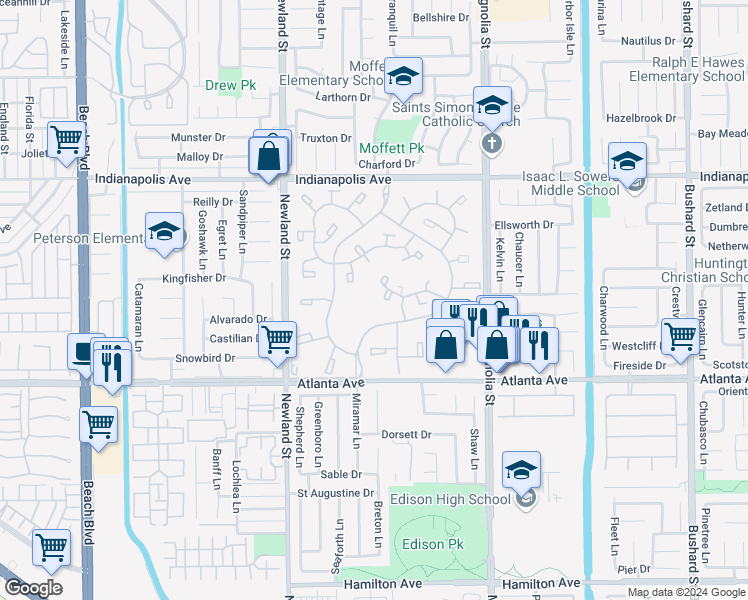 map of restaurants, bars, coffee shops, grocery stores, and more near 8766 Tulare Drive in Huntington Beach