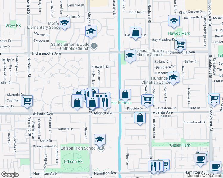 map of restaurants, bars, coffee shops, grocery stores, and more near 9172 Carrolltown Drive in Huntington Beach