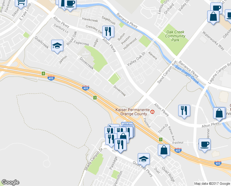 map of restaurants, bars, coffee shops, grocery stores, and more near 32 Pembroke in Irvine