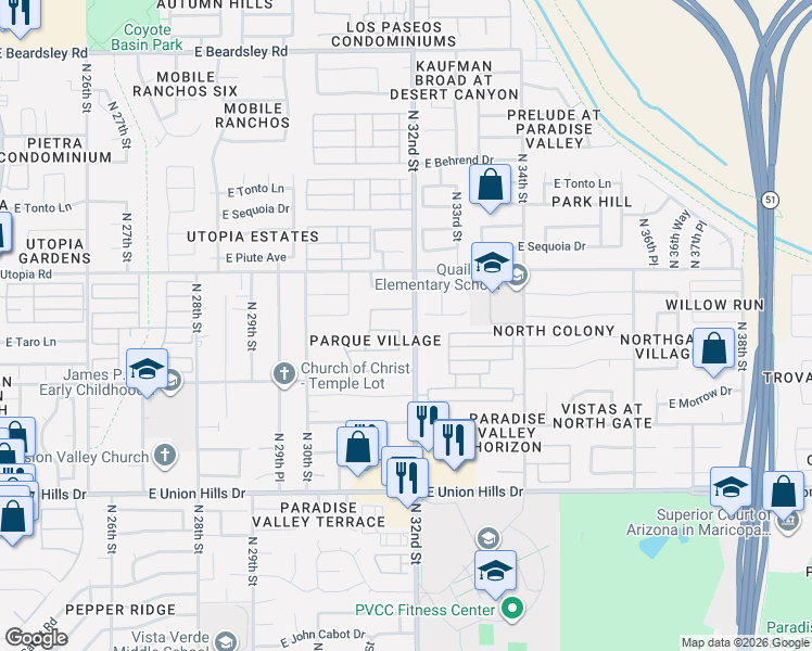 map of restaurants, bars, coffee shops, grocery stores, and more near 19033 North 31st Place in Phoenix