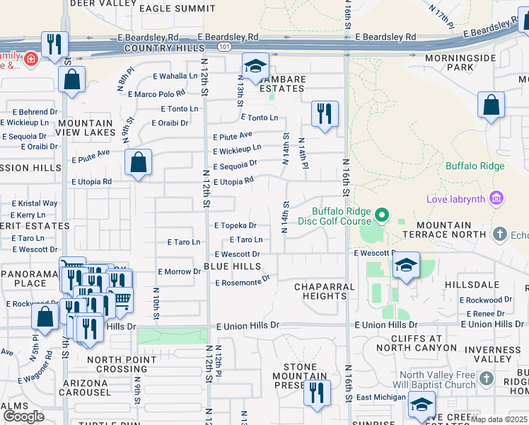 map of restaurants, bars, coffee shops, grocery stores, and more near 19043 North 13th Place in Phoenix