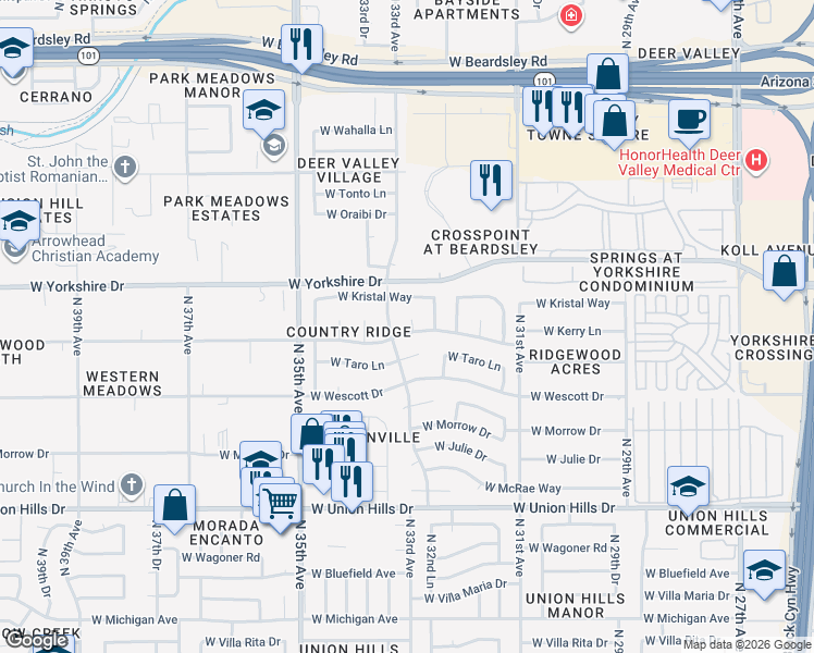map of restaurants, bars, coffee shops, grocery stores, and more near 3301 West Topeka Drive in Phoenix