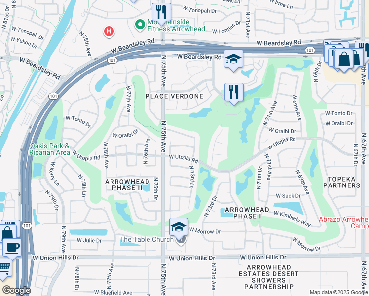 map of restaurants, bars, coffee shops, grocery stores, and more near 19402 North 73rd Lane in Glendale