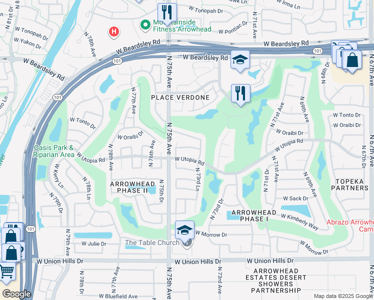map of restaurants, bars, coffee shops, grocery stores, and more near 19321 North 74th Drive in Glendale