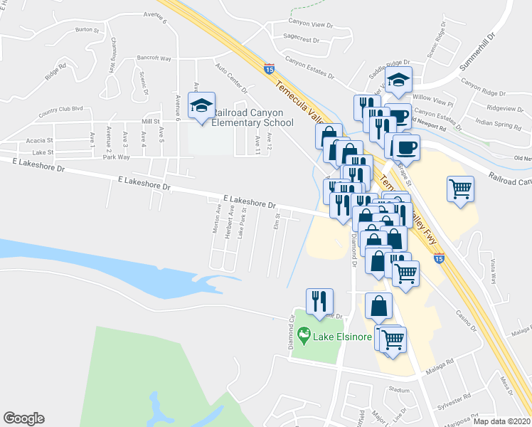 map of restaurants, bars, coffee shops, grocery stores, and more near 1800 East Lakeshore Drive in Lake Elsinore