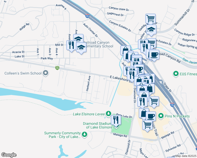 map of restaurants, bars, coffee shops, grocery stores, and more near Unnamed Road in Lake Elsinore