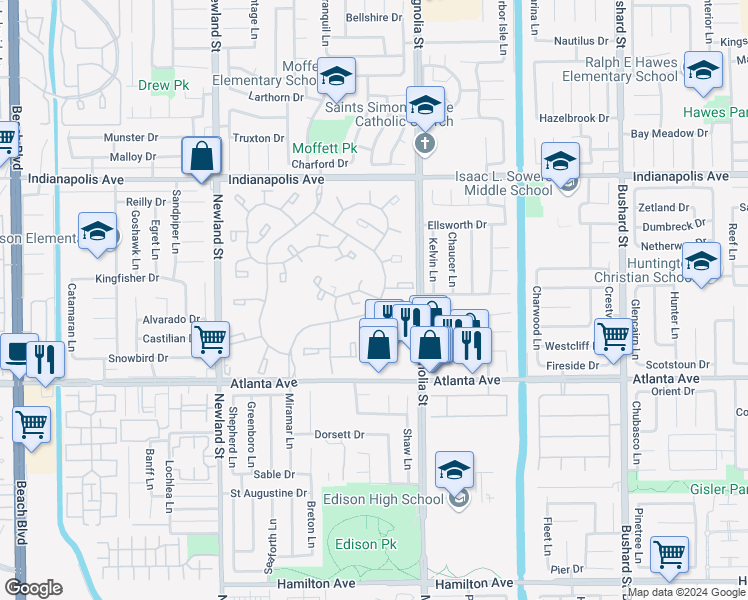 map of restaurants, bars, coffee shops, grocery stores, and more near 8877 Lauderdale Court in Huntington Beach