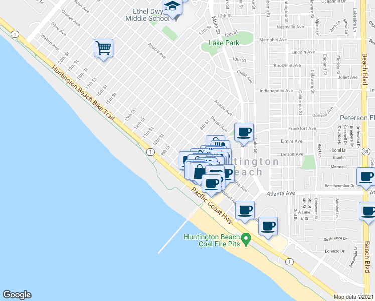 map of restaurants, bars, coffee shops, grocery stores, and more near 201 7th Street in Huntington Beach