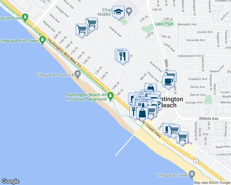 map of restaurants, bars, coffee shops, grocery stores, and more near 2 6th Street in Huntington Beach