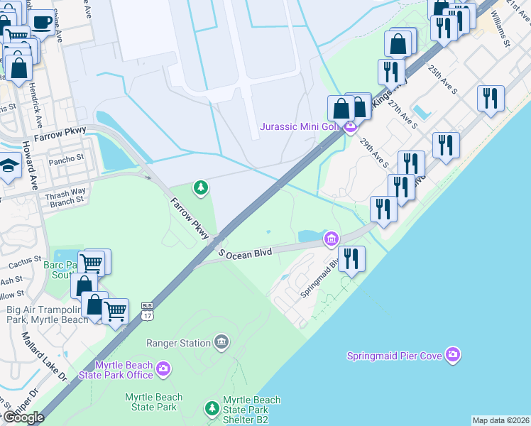 map of restaurants, bars, coffee shops, grocery stores, and more near 3155 South Kings Highway in Myrtle Beach