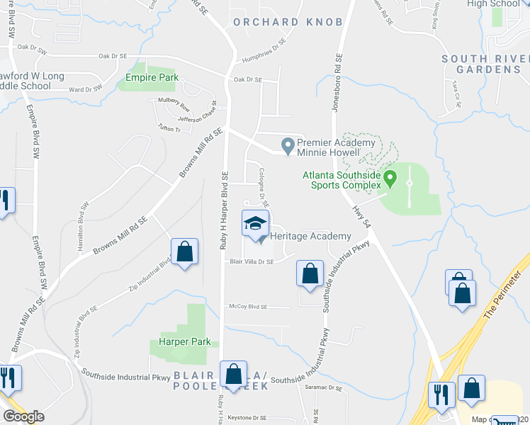 map of restaurants, bars, coffee shops, grocery stores, and more near 3411 Villa Circle Southeast in Atlanta