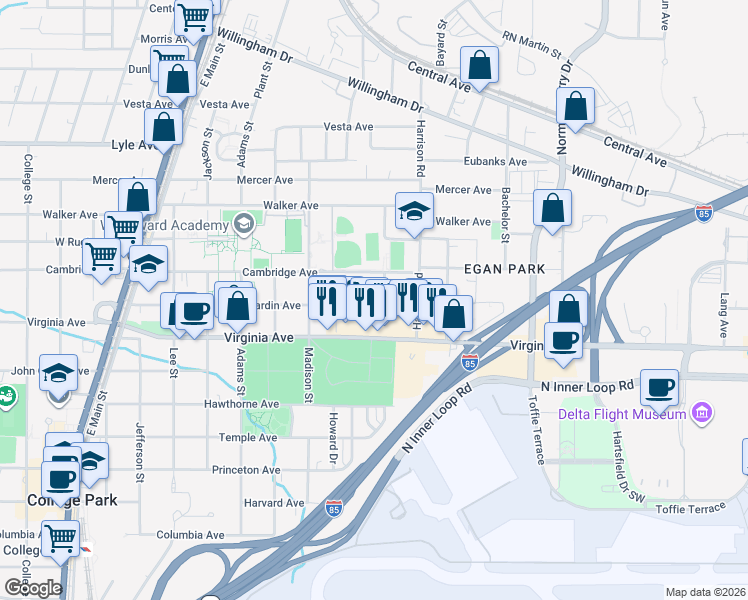map of restaurants, bars, coffee shops, grocery stores, and more near 1448 Hardin Avenue in College Park
