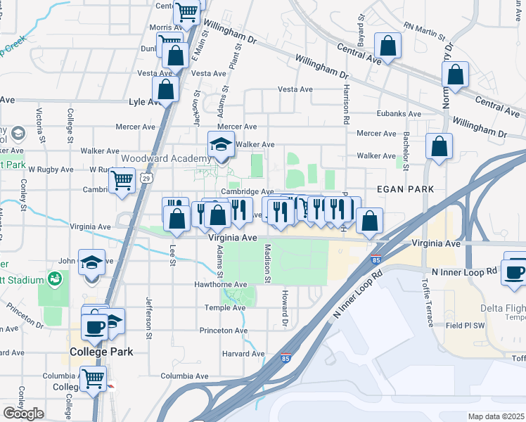 map of restaurants, bars, coffee shops, grocery stores, and more near 1548 Hardin Avenue in College Park