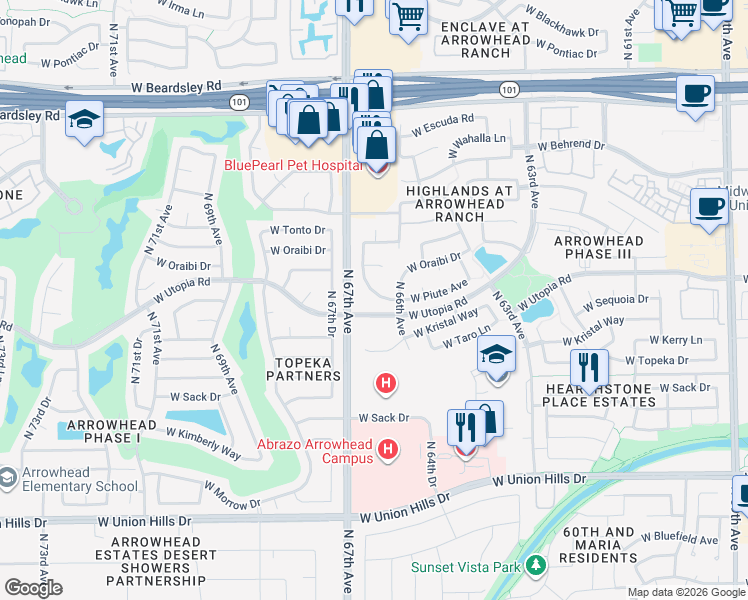 map of restaurants, bars, coffee shops, grocery stores, and more near 19520 North 66th Lane in Glendale