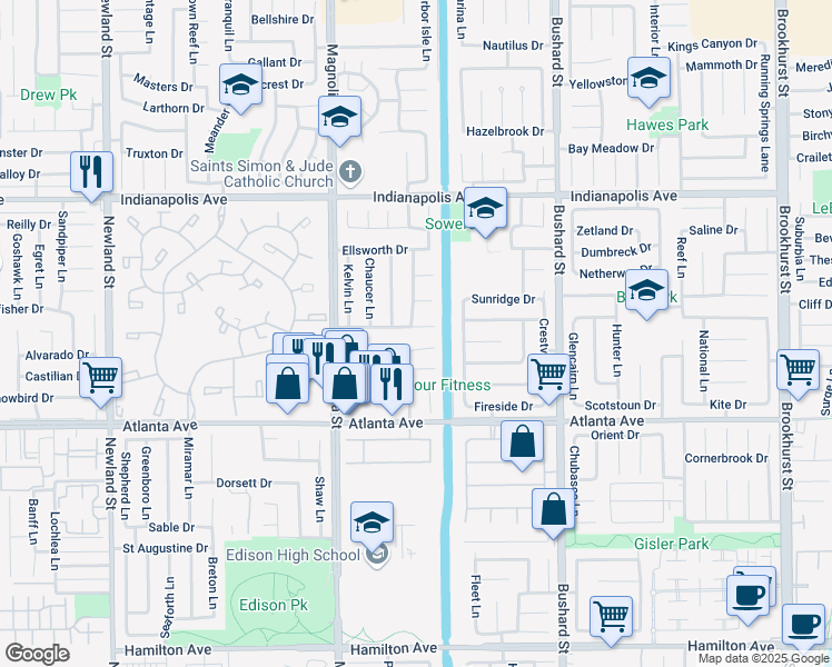 map of restaurants, bars, coffee shops, grocery stores, and more near 9172 Carrolltown Drive in Huntington Beach