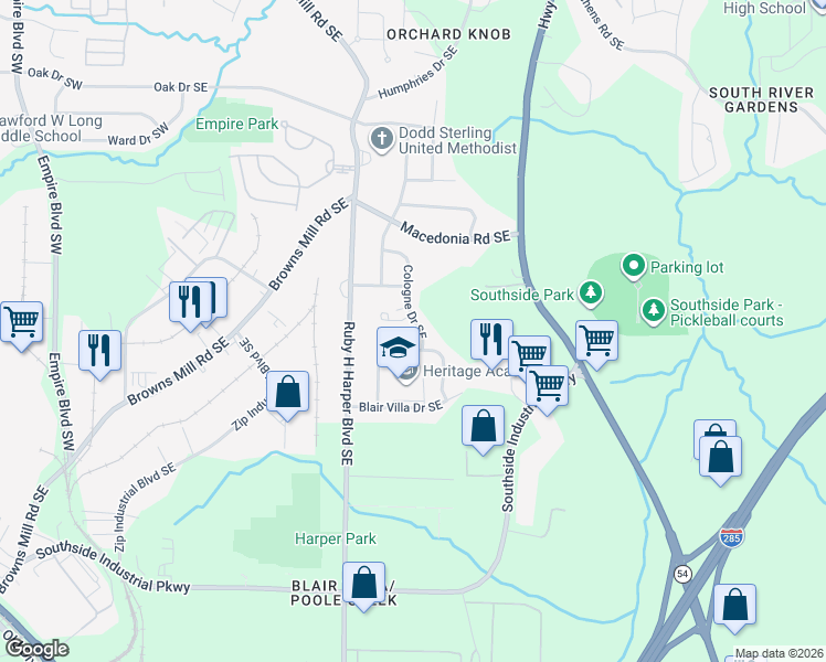 map of restaurants, bars, coffee shops, grocery stores, and more near 459 Cologne Drive Southeast in Atlanta