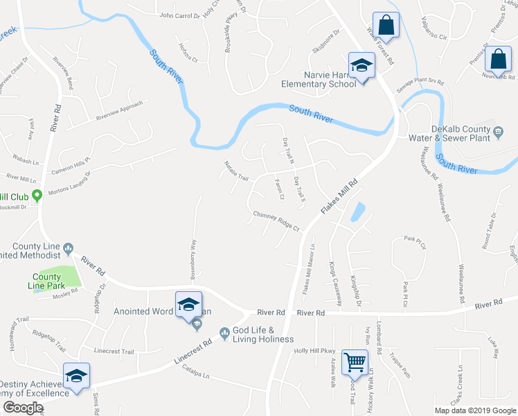 map of restaurants, bars, coffee shops, grocery stores, and more near 3723 Chimney Ridge Court in Ellenwood