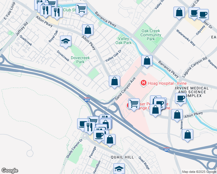map of restaurants, bars, coffee shops, grocery stores, and more near 73 Wellington in Irvine