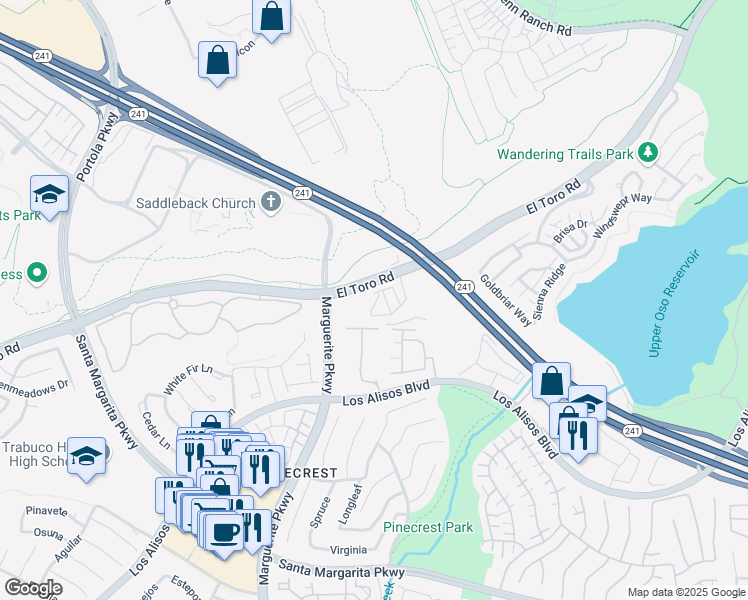 map of restaurants, bars, coffee shops, grocery stores, and more near 264 California Court in Mission Viejo
