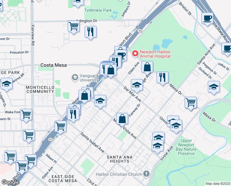 map of restaurants, bars, coffee shops, grocery stores, and more near 2554 Elden Avenue in Costa Mesa