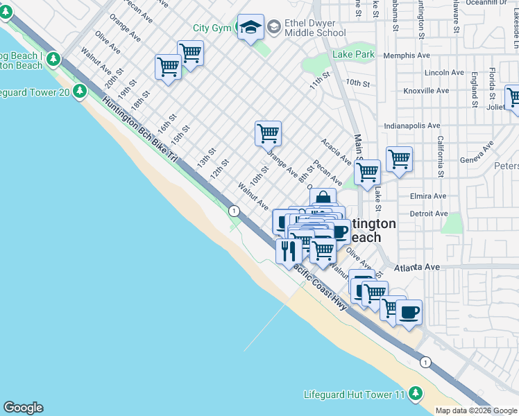 map of restaurants, bars, coffee shops, grocery stores, and more near 122 9th Street in Huntington Beach